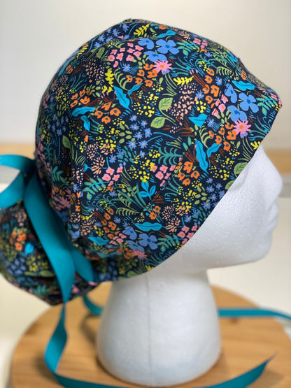 Navy meadow scrub cap, navy meadow with teal ribbon scrub hat, Bonnet Head Designs