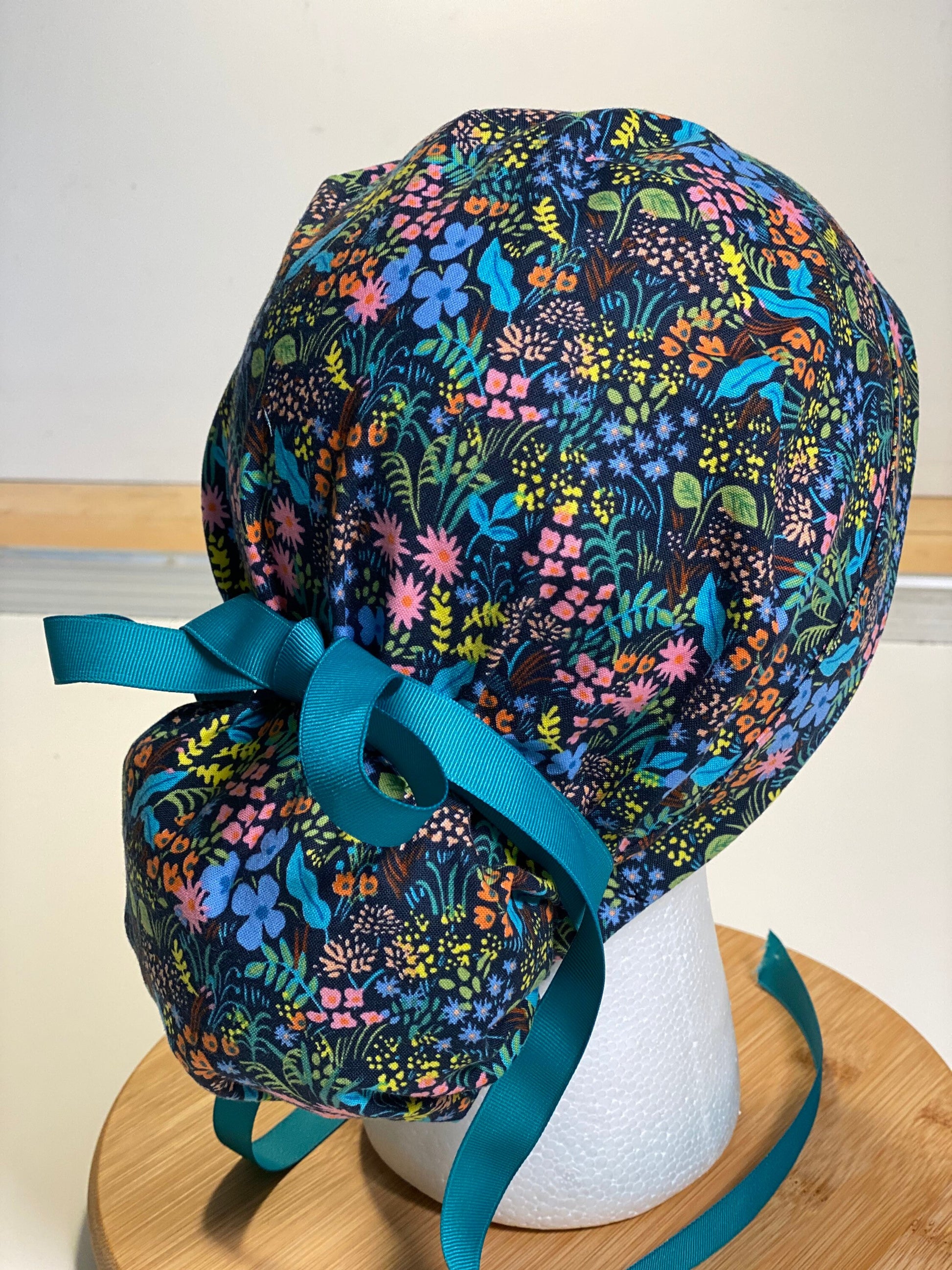 Navy meadow scrub cap, navy meadow with teal ribbon scrub hat, Bonnet Head Designs