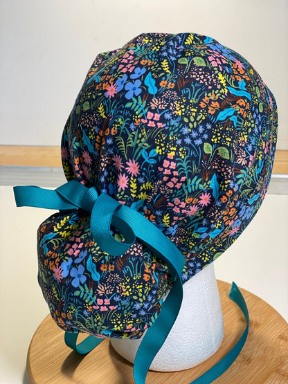 Navy meadow scrub cap, navy meadow with teal ribbon scrub hat, Bonnet Head Designs