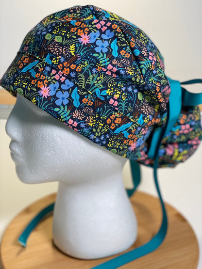 Navy meadow scrub cap, navy meadow with teal ribbon scrub hat, Bonnet Head Designs