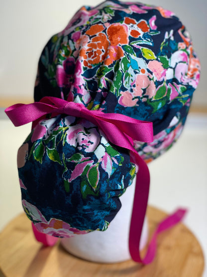 Botanist essay scrub hat, pink and navy floral scrub cap, Bonnet Head Designs