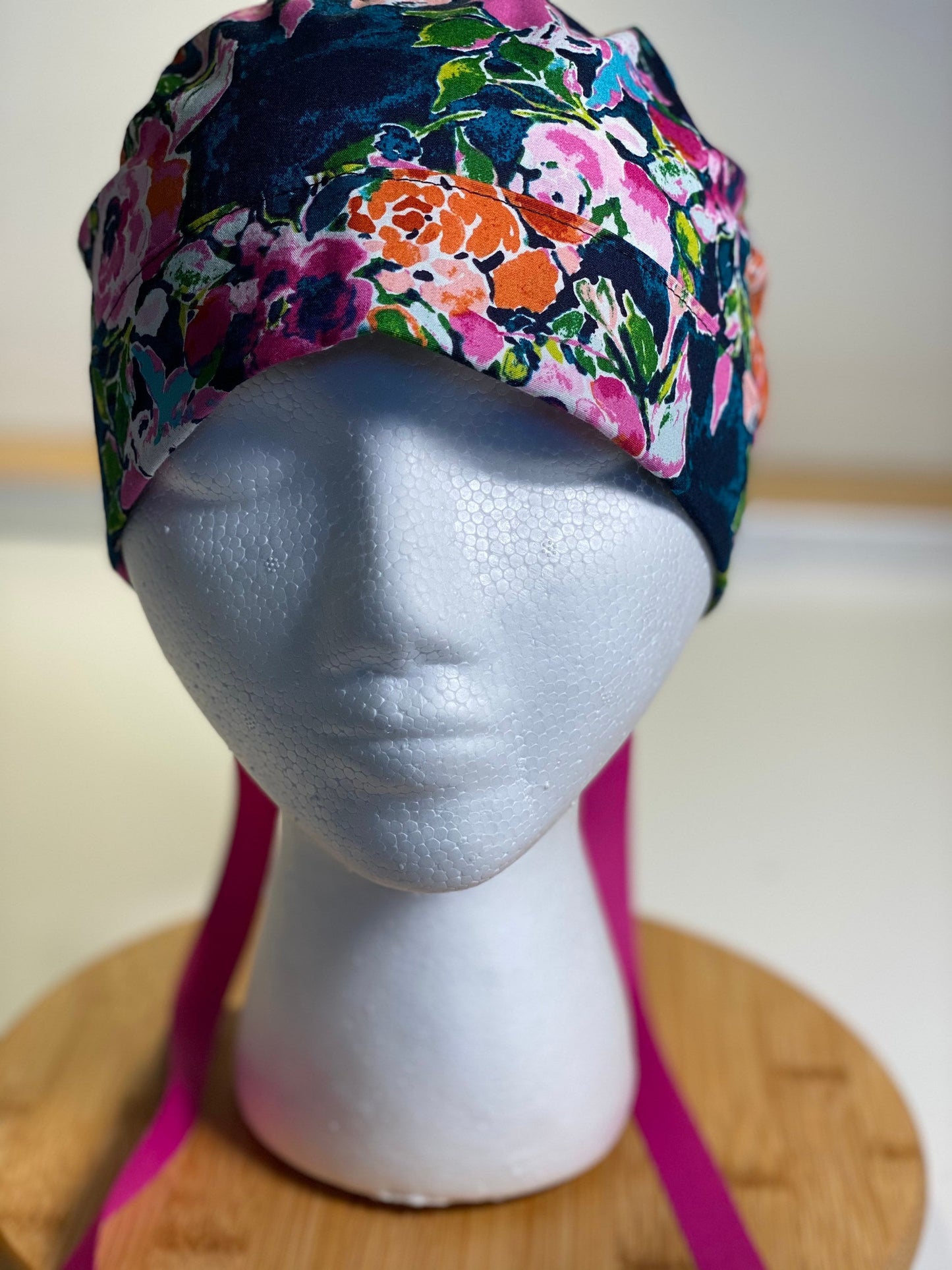 Botanist essay scrub hat, pink and navy floral scrub cap, Bonnet Head Designs