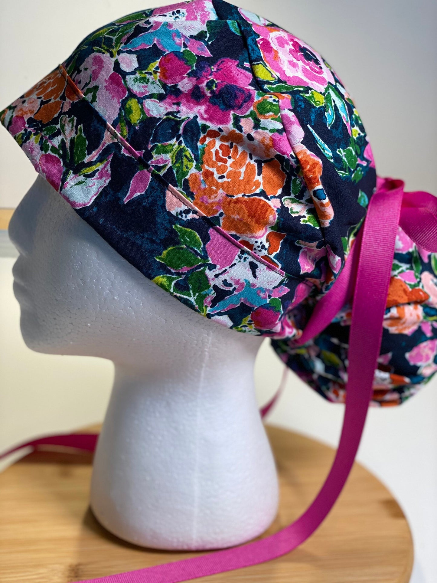 Botanist essay scrub hat, pink and navy floral scrub cap, Bonnet Head Designs