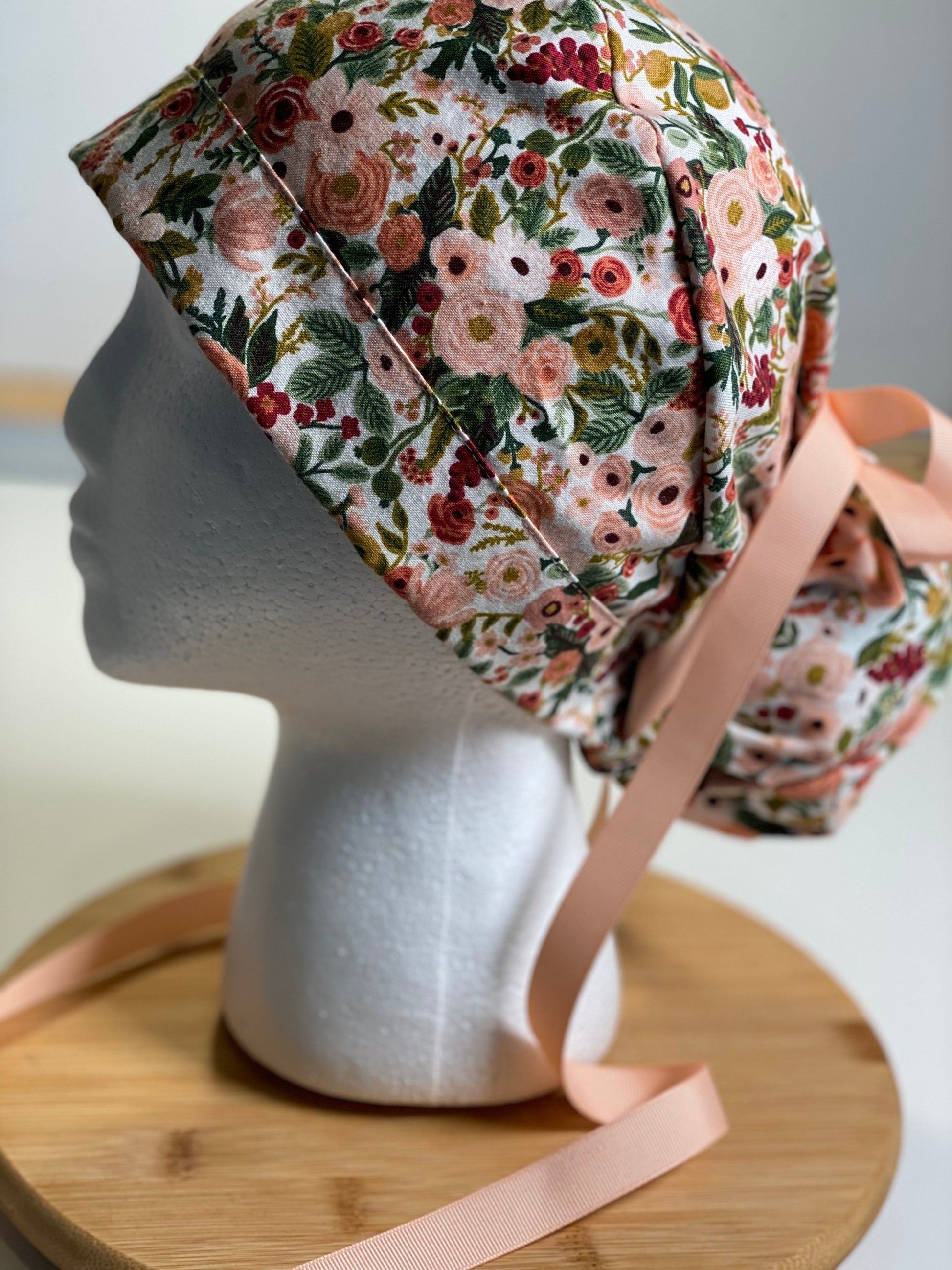 Pink petite garden party scrub cap, Rifle Paper pink petite garden party fabric scrub hat, Bonnet Head Designs