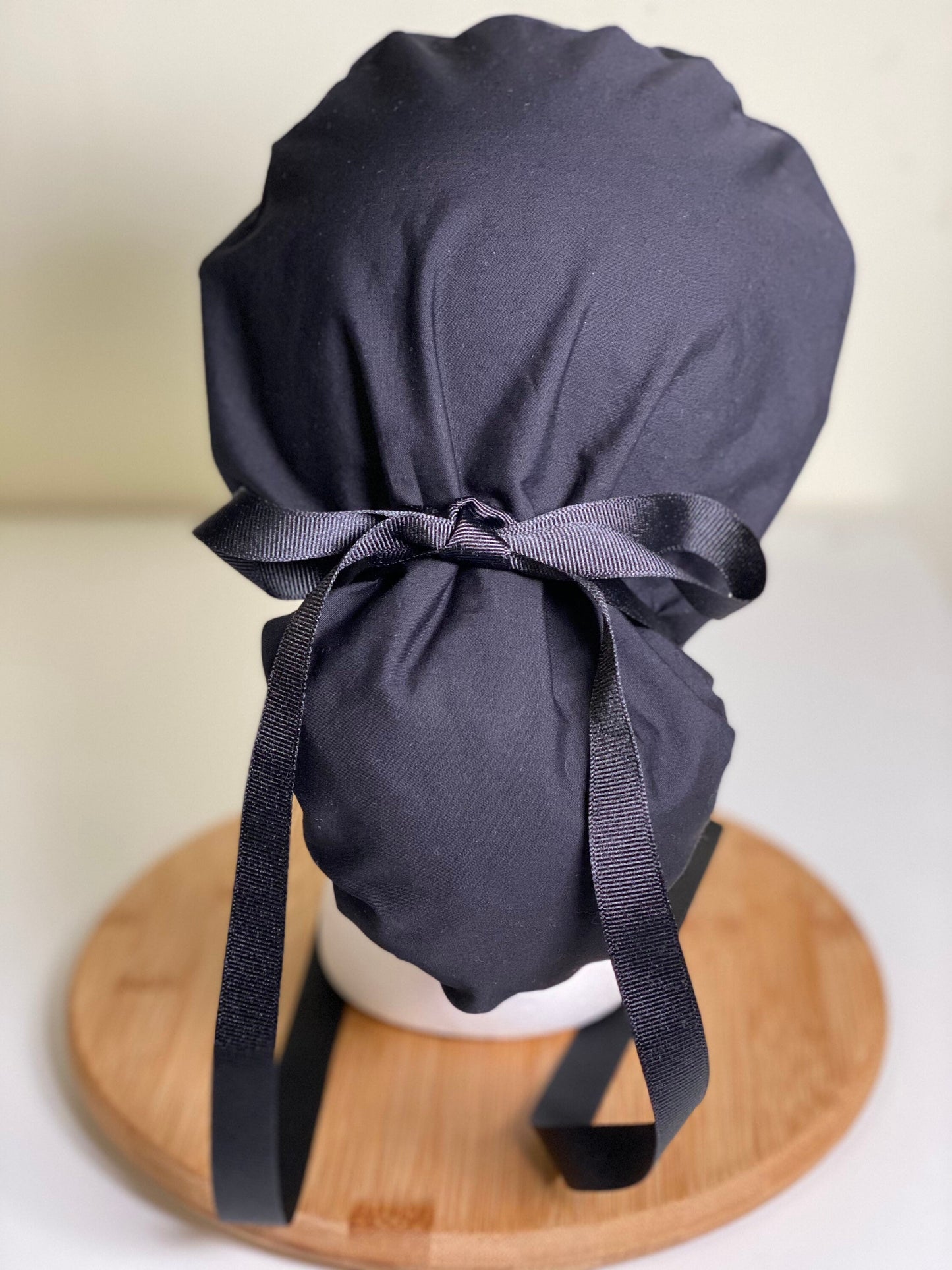 Solid black ponytail scrub hat, women’s black ponytail scrub cap