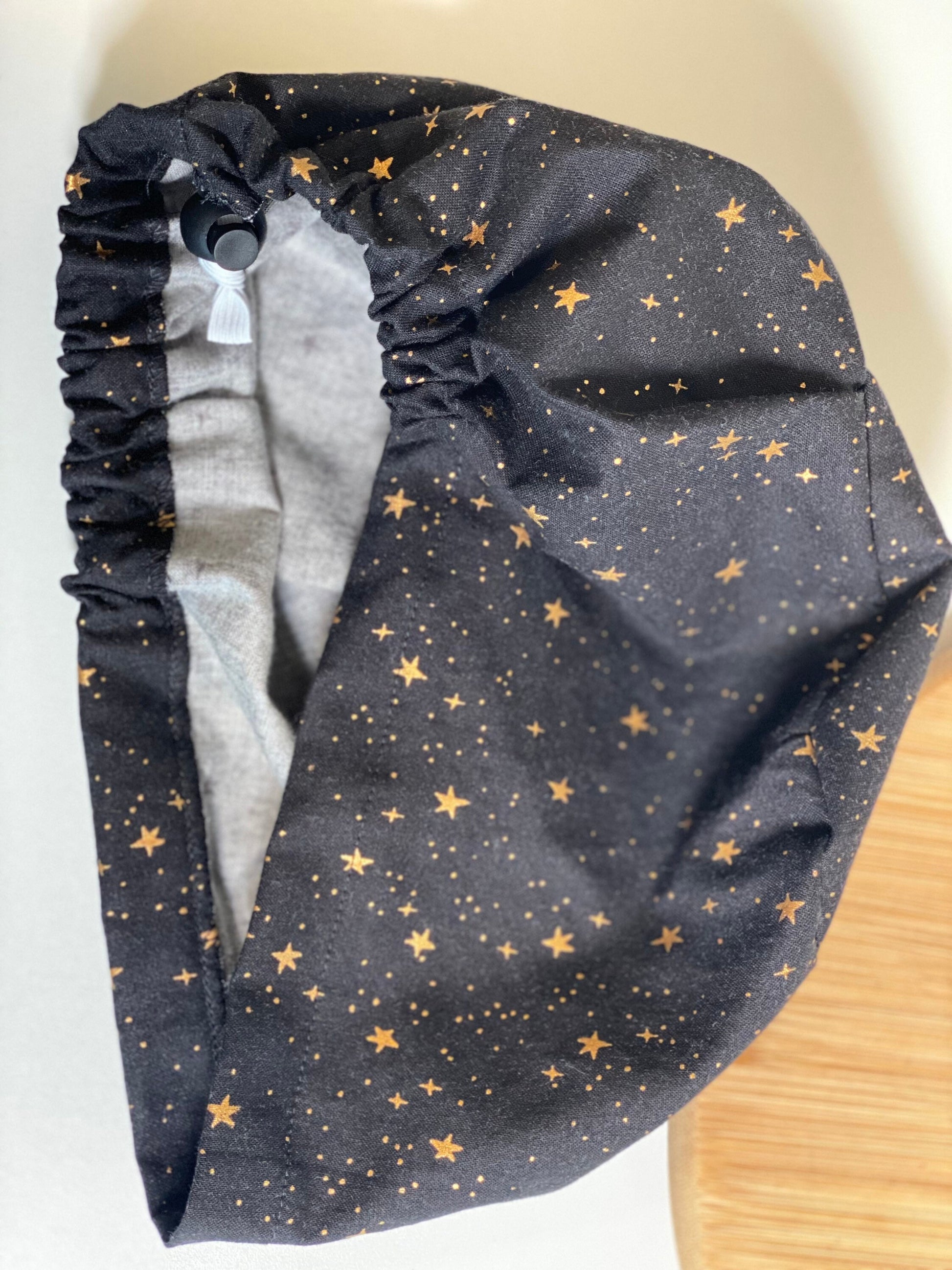 Primavera Black and gold stars euro style scrub cap, euro scrub cap stars, euro cap black stars, Bonnet Head Designs