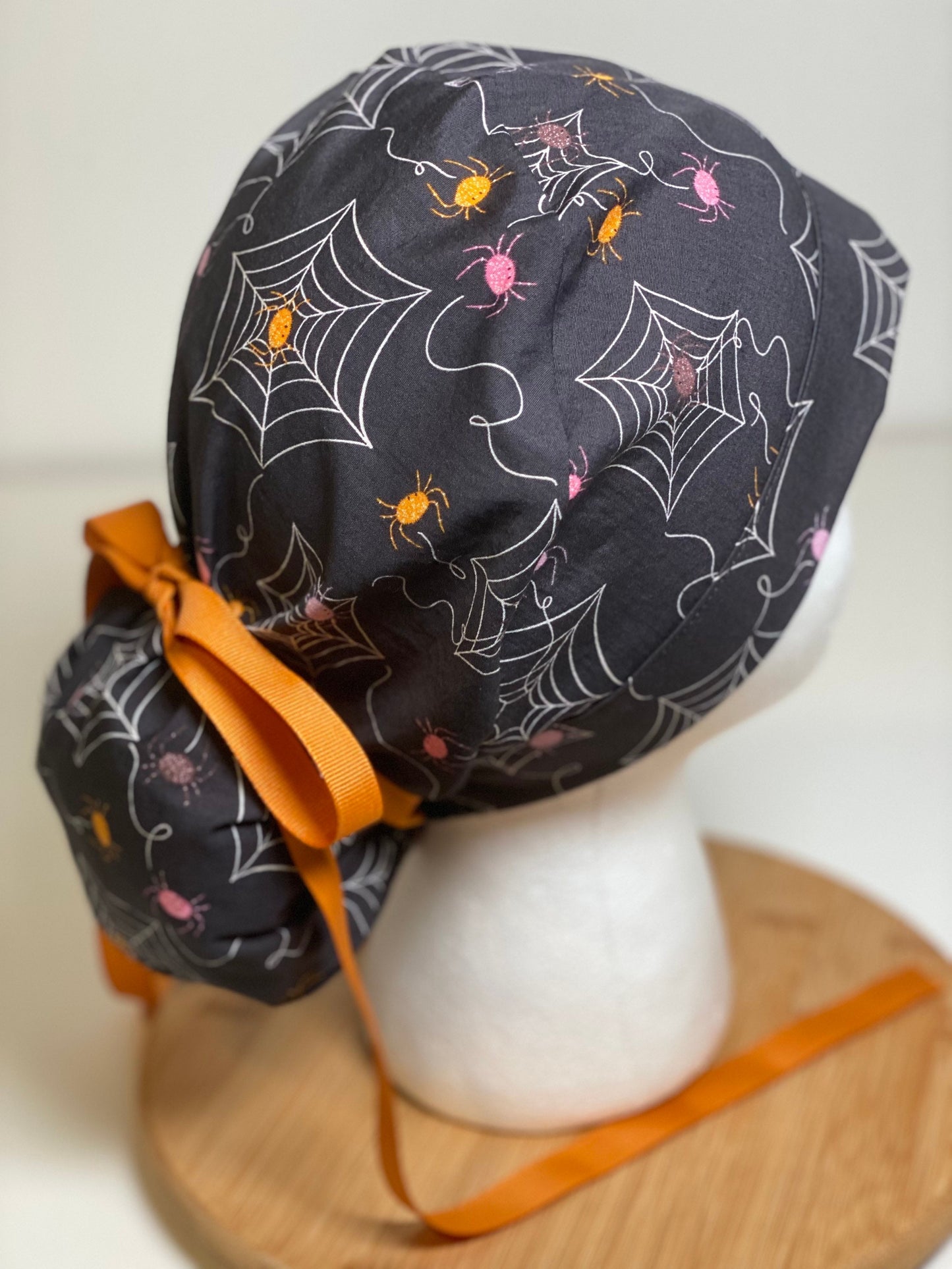 Spider print Halloween scrub, adjustable pouch women’s scrub hat halloween, Bonnet Head Designs