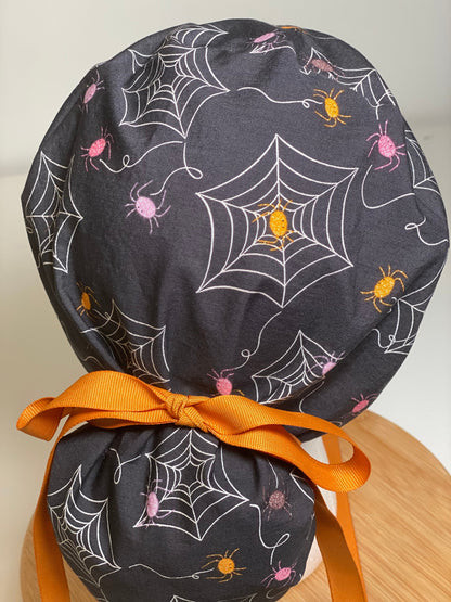 Spider print Halloween scrub, adjustable pouch women’s scrub hat halloween, Bonnet Head Designs