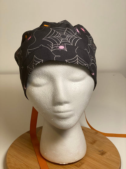 Spider print Halloween scrub, adjustable pouch women’s scrub hat halloween, Bonnet Head Designs