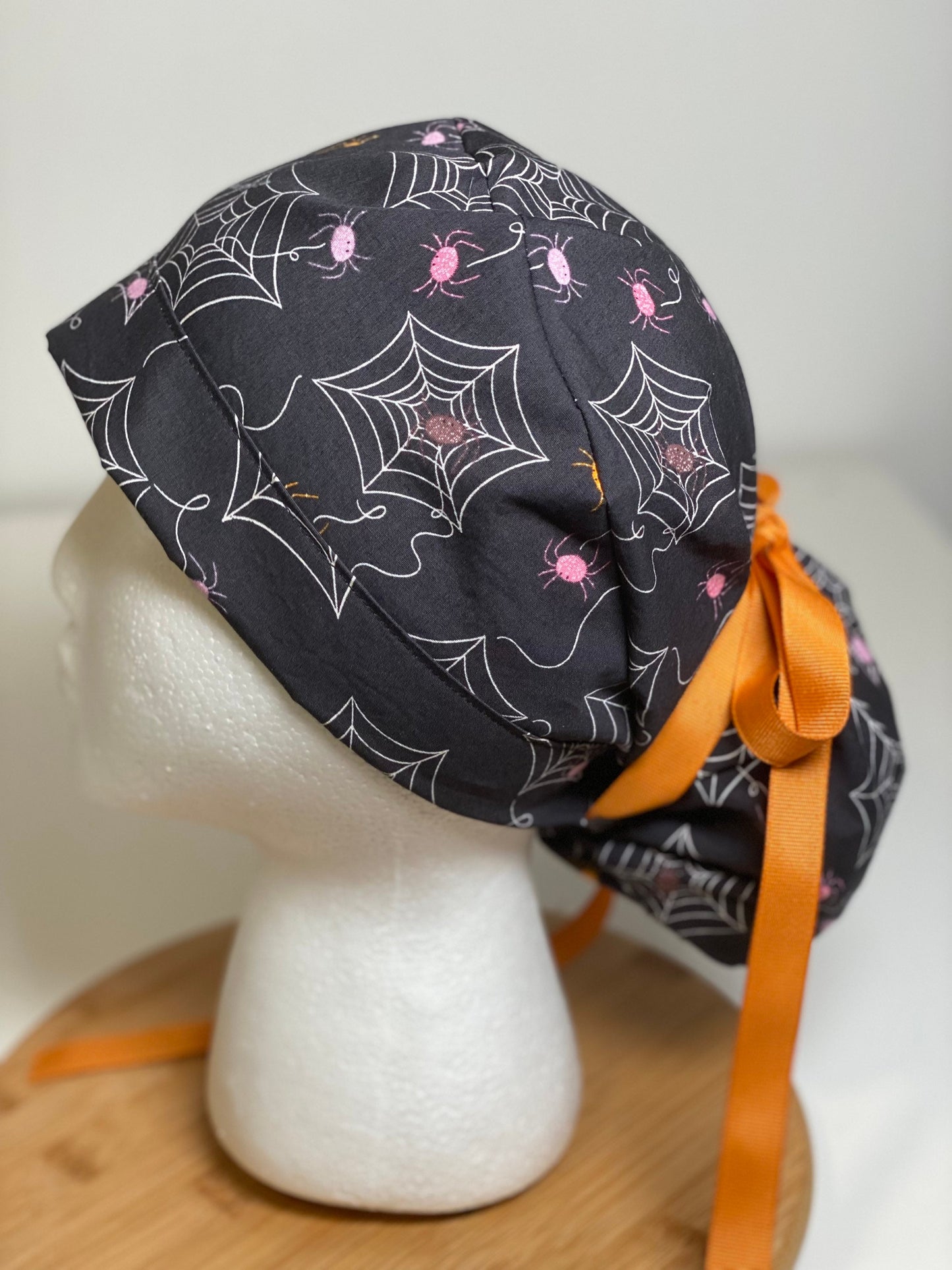 Spider print Halloween scrub, adjustable pouch women’s scrub hat halloween, Bonnet Head Designs