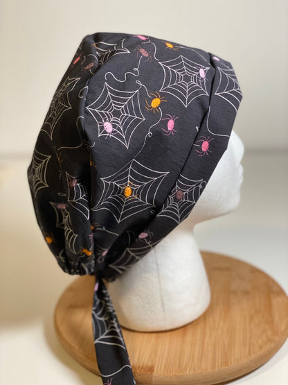 Spider print tie back scrub cap, Halloween tie back scrub hat, Bonnet Head Designs