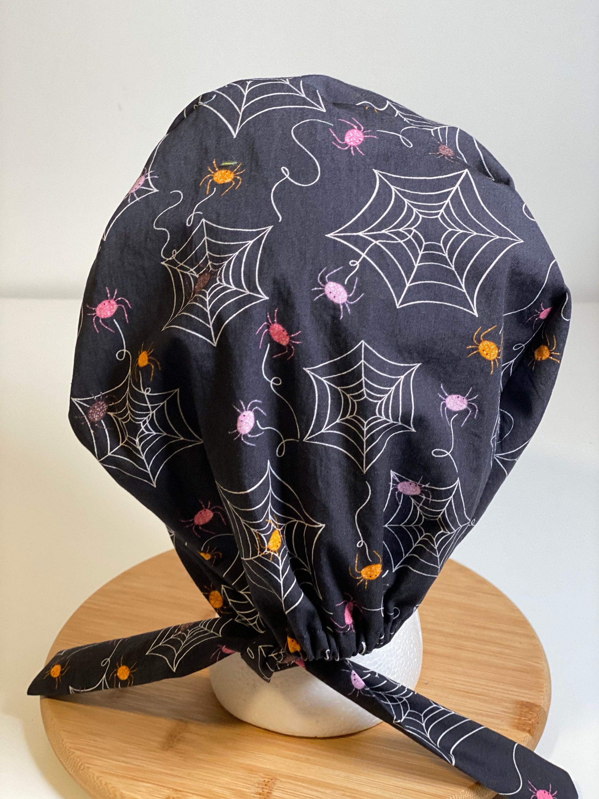 Spider print tie back scrub cap, Halloween tie back scrub hat, Bonnet Head Designs