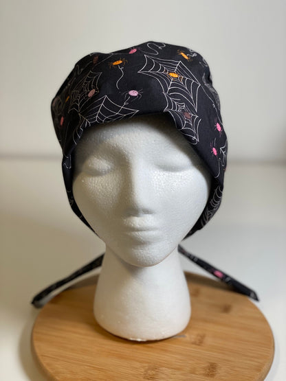 Spider print tie back scrub cap, Halloween tie back scrub hat, Bonnet Head Designs