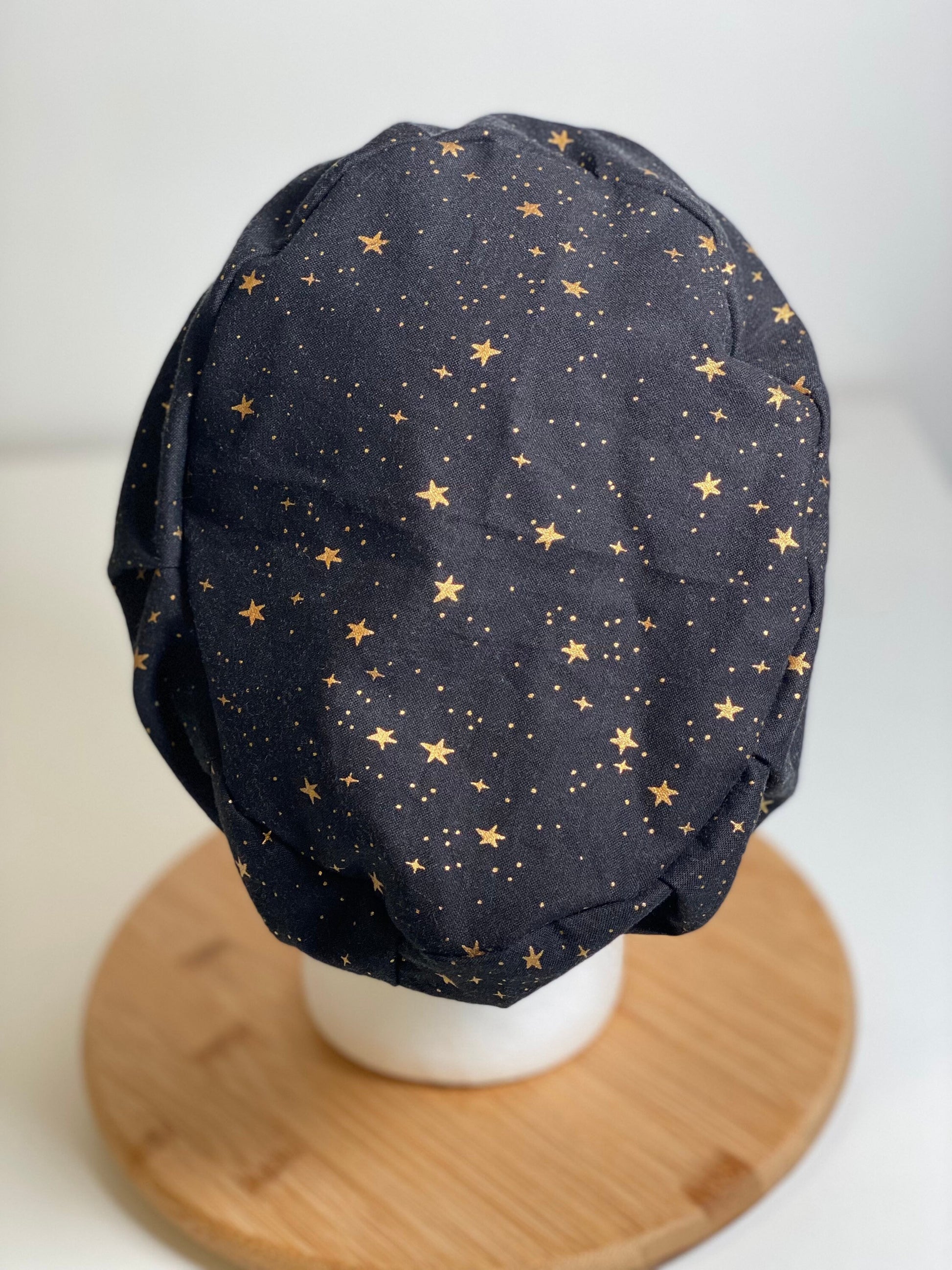 Primavera Black and gold stars euro style scrub cap, euro scrub cap stars, euro cap black stars, Bonnet Head Designs