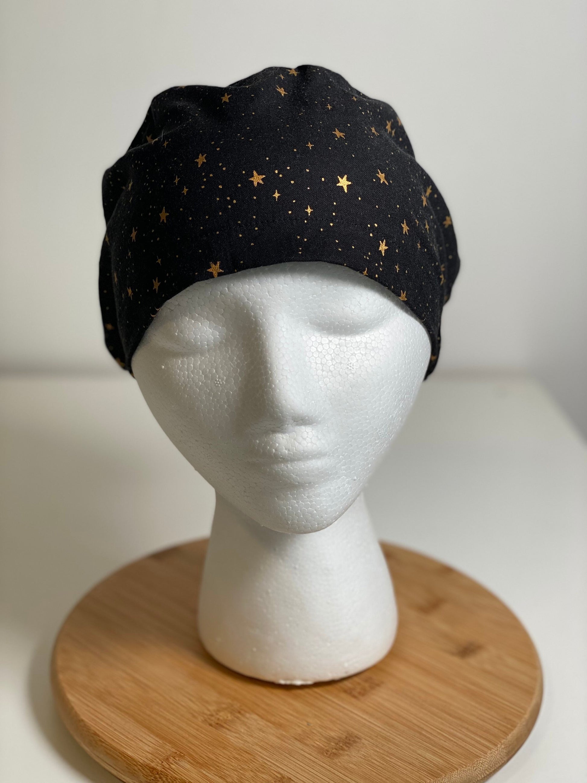 Primavera Black and gold stars euro style scrub cap, euro scrub cap stars, euro cap black stars, Bonnet Head Designs