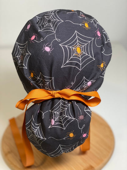 Spider print Halloween scrub, adjustable pouch women’s scrub hat halloween, Bonnet Head Designs