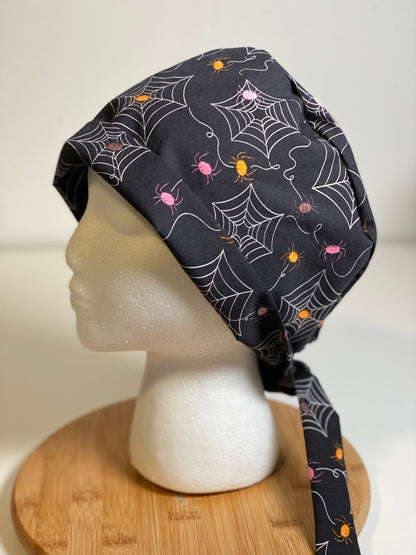 Spider print tie back scrub cap, Halloween tie back scrub hat, Bonnet Head Designs