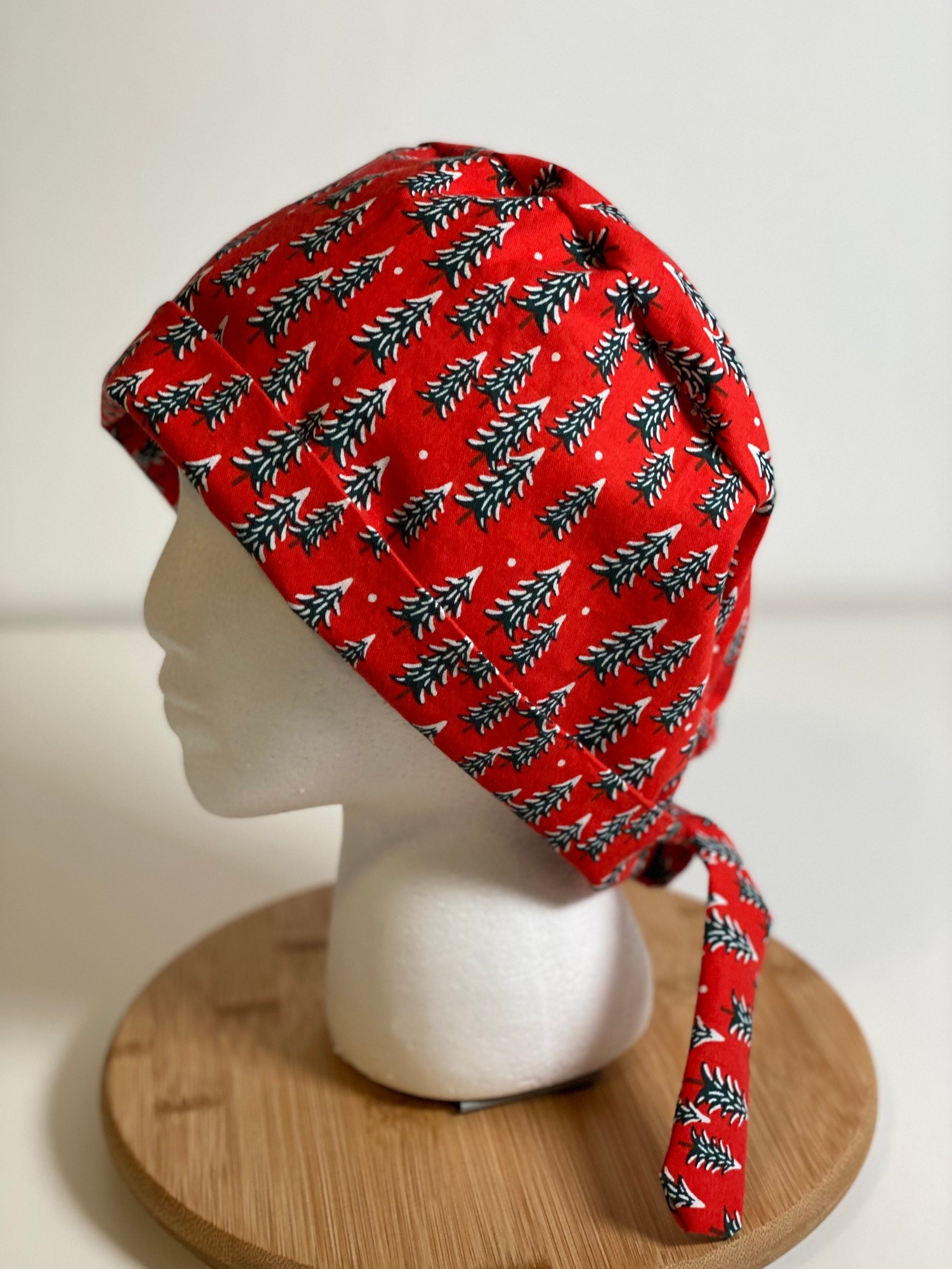 Red Winter tie back scrub cap, Christmas tree scrub cap pixie, Rifle Paper Co holiday red fabric scrub hat, Bonnet Head Designs