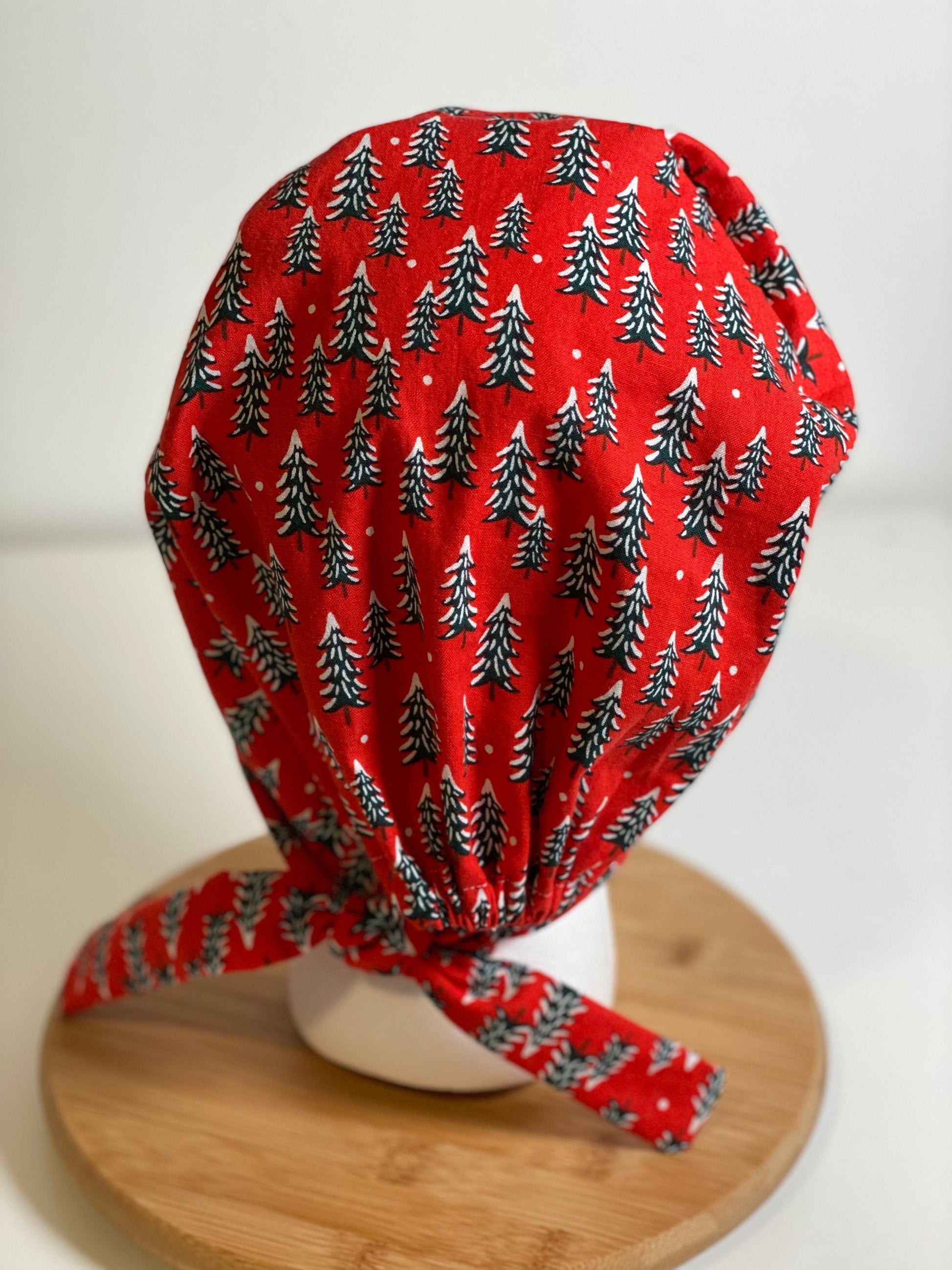 Red Winter tie back scrub cap, Christmas tree scrub cap pixie, Rifle Paper Co holiday red fabric scrub hat, Bonnet Head Designs