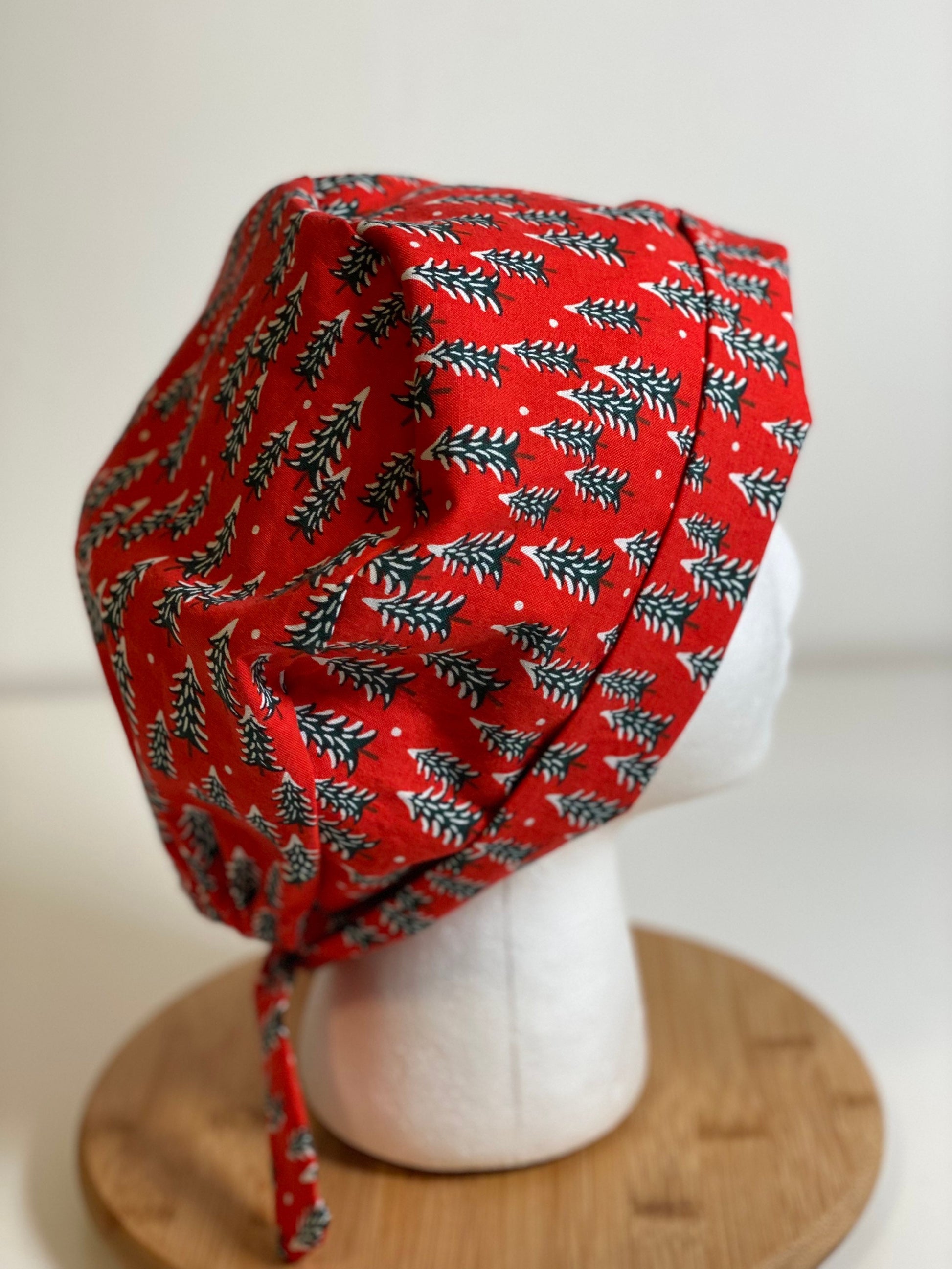 Red Winter tie back scrub cap, Christmas tree scrub cap pixie, Rifle Paper Co holiday red fabric scrub hat, Bonnet Head Designs