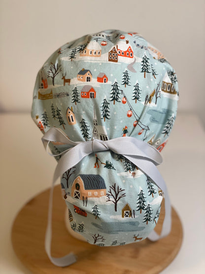 Winter village scrub cap, Rifle Paper fabric scrub hat, Winter women’s scrub hat, Bonnet Head Designs