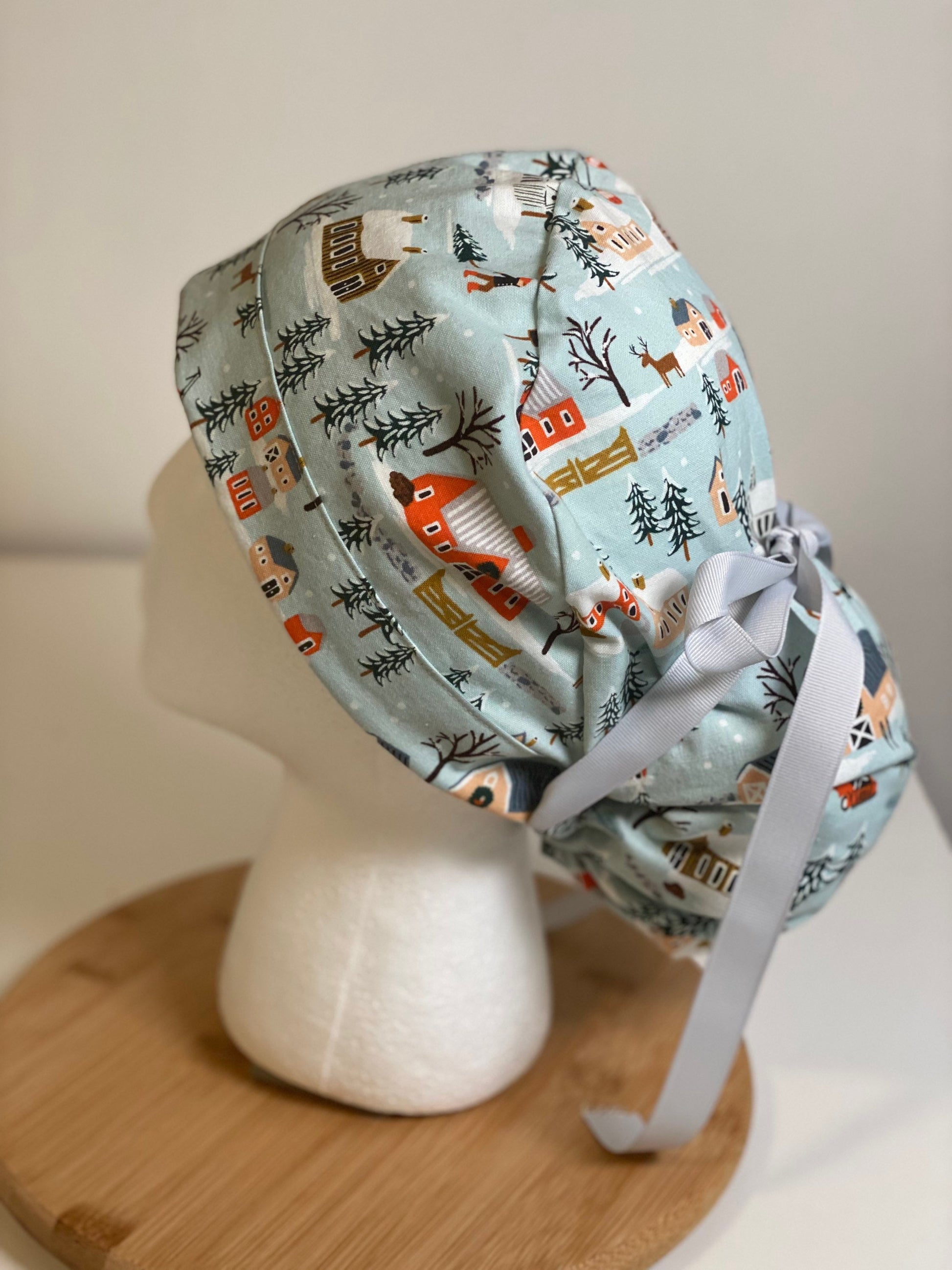 Winter village scrub cap, Rifle Paper fabric scrub hat, Winter women’s scrub hat, Bonnet Head Designs