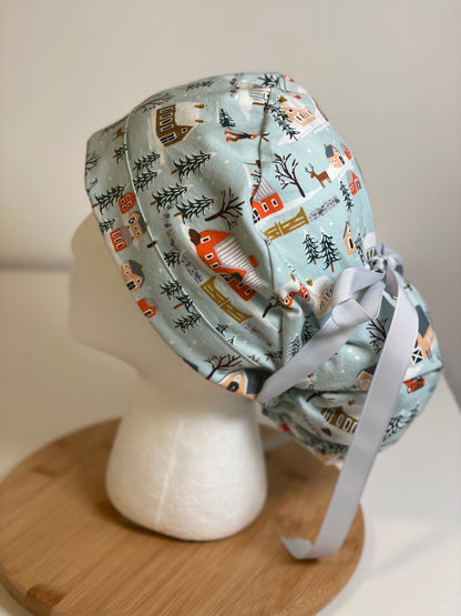 Winter village scrub cap, Rifle Paper fabric scrub hat, Winter women’s scrub hat, Bonnet Head Designs