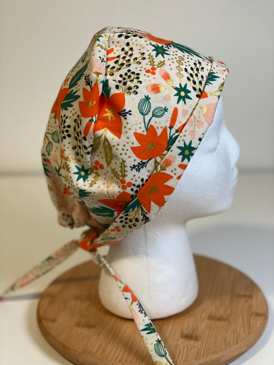 White and red poinsettias unisex scrub cap, Rifle Paper Co holiday fabric scrub cap, Bonnet Head Designs