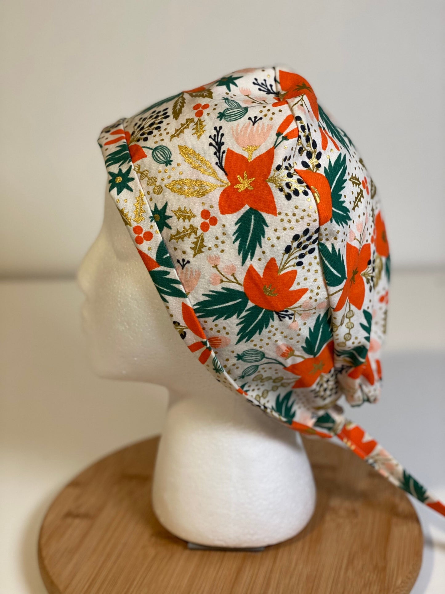 White and red poinsettias unisex scrub cap, Rifle Paper Co holiday fabric scrub cap, Bonnet Head Designs