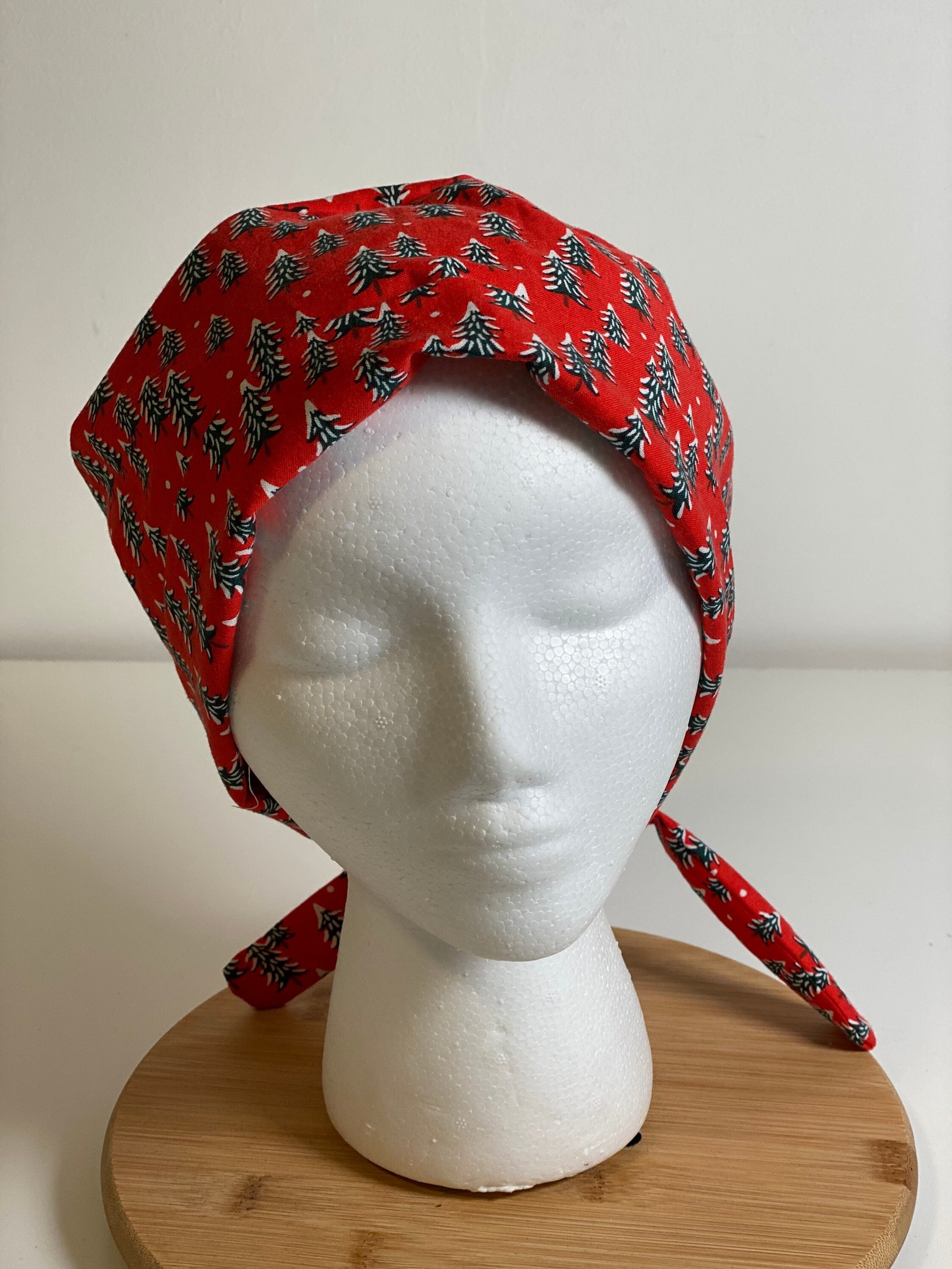 Red Winter tie back scrub cap, Christmas tree scrub cap pixie, Rifle Paper Co holiday red fabric scrub hat, Bonnet Head Designs