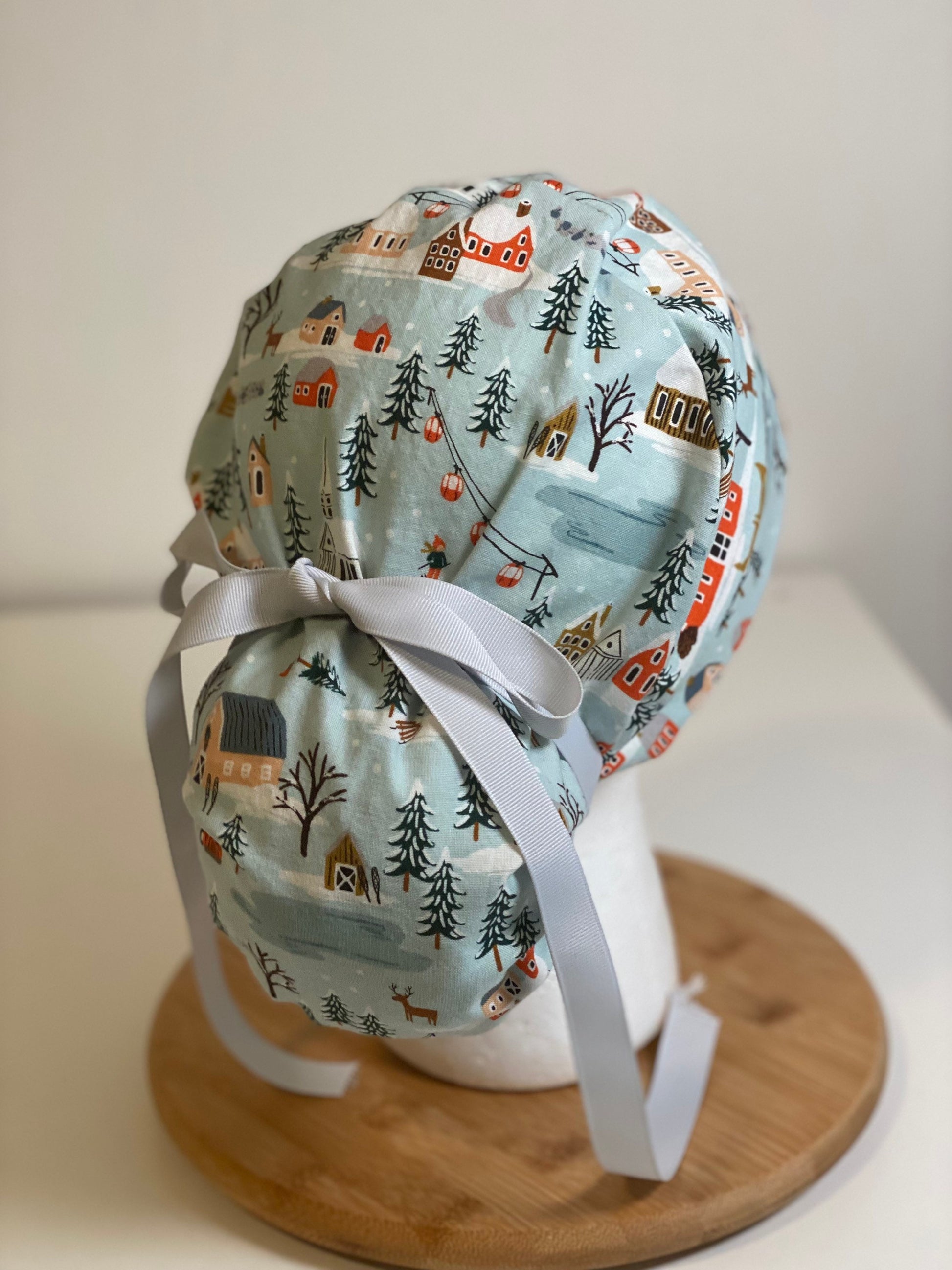 Winter village scrub cap, Rifle Paper fabric scrub hat, Winter women’s scrub hat, Bonnet Head Designs