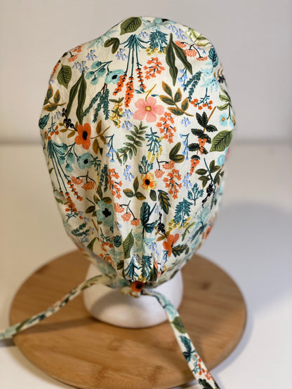 White floral unisex scrub cap, Rifle Paper Co fabric scrub cap, Bonnet Head Designs