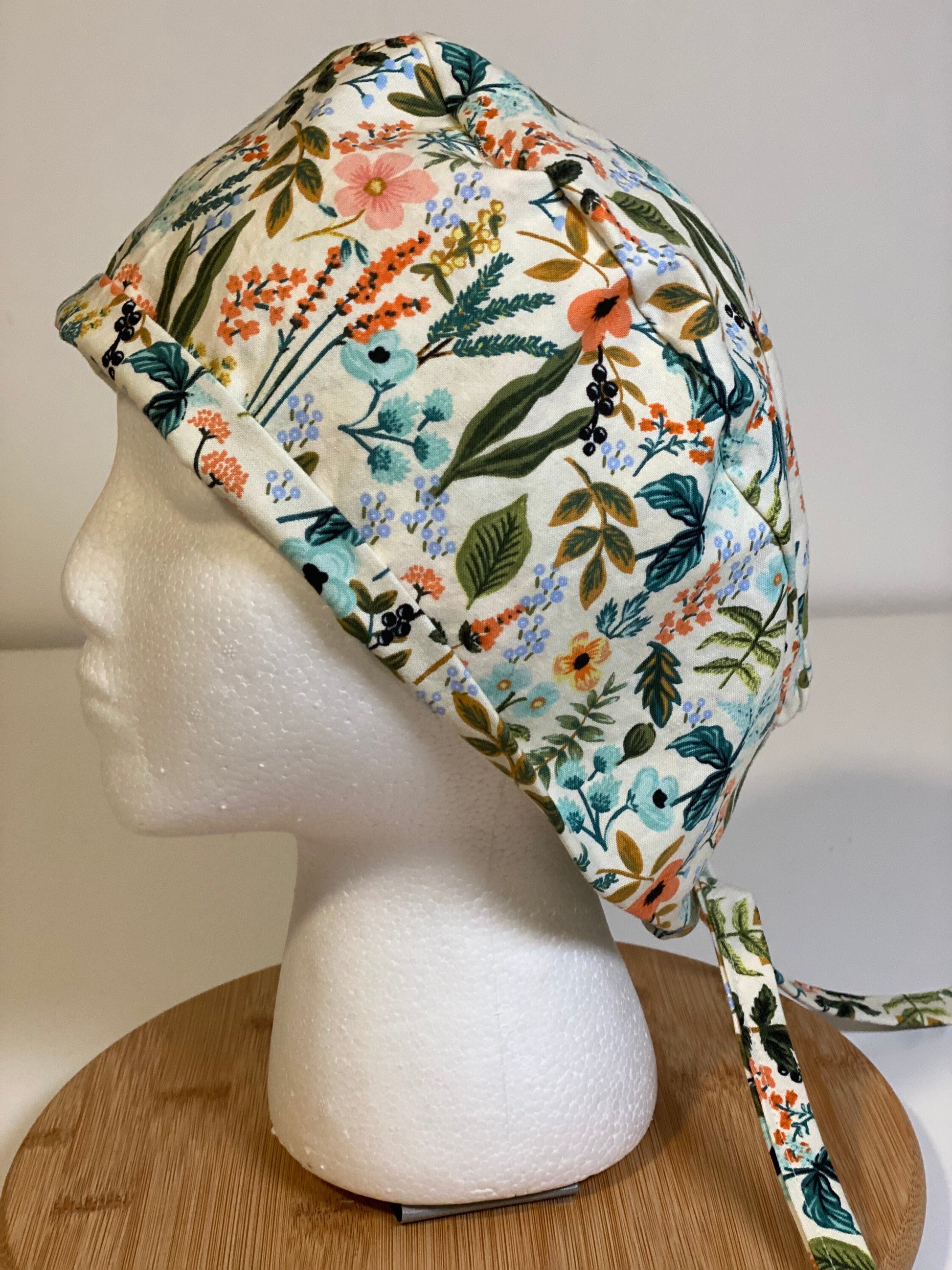 White floral unisex scrub cap, Rifle Paper Co fabric scrub cap, Bonnet Head Designs