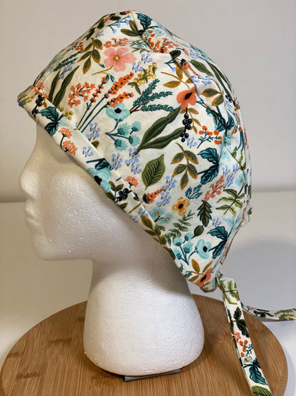 White floral unisex scrub cap, Rifle Paper Co fabric scrub cap, Bonnet Head Designs