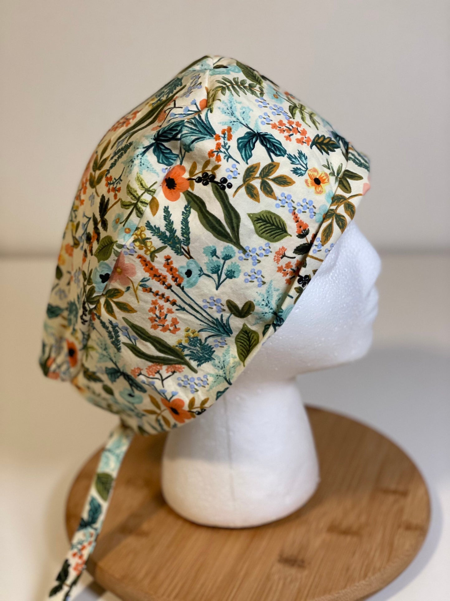 White floral unisex scrub cap, Rifle Paper Co fabric scrub cap, Bonnet Head Designs