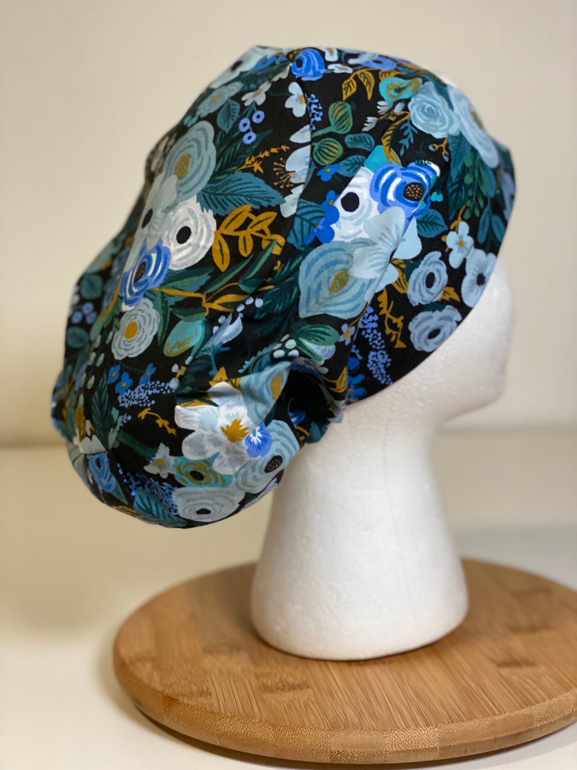 Blue garden party euro style scrub cap, Rifle Paper Co blue floral scrub hat, euro scrub cap floral, Bonnet Head Designs