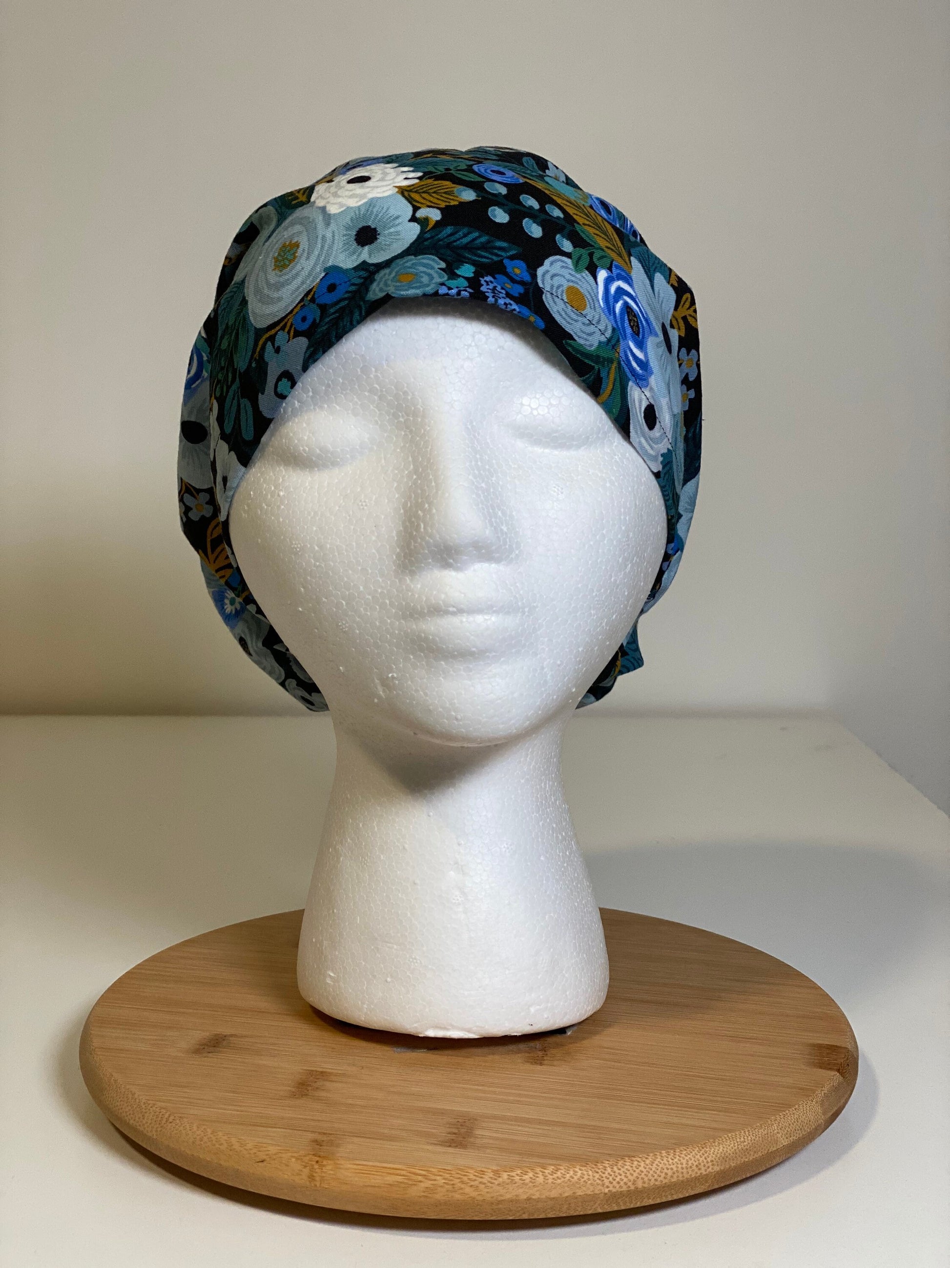 Blue garden party euro style scrub cap, Rifle Paper Co blue floral scrub hat, euro scrub cap floral, Bonnet Head Designs