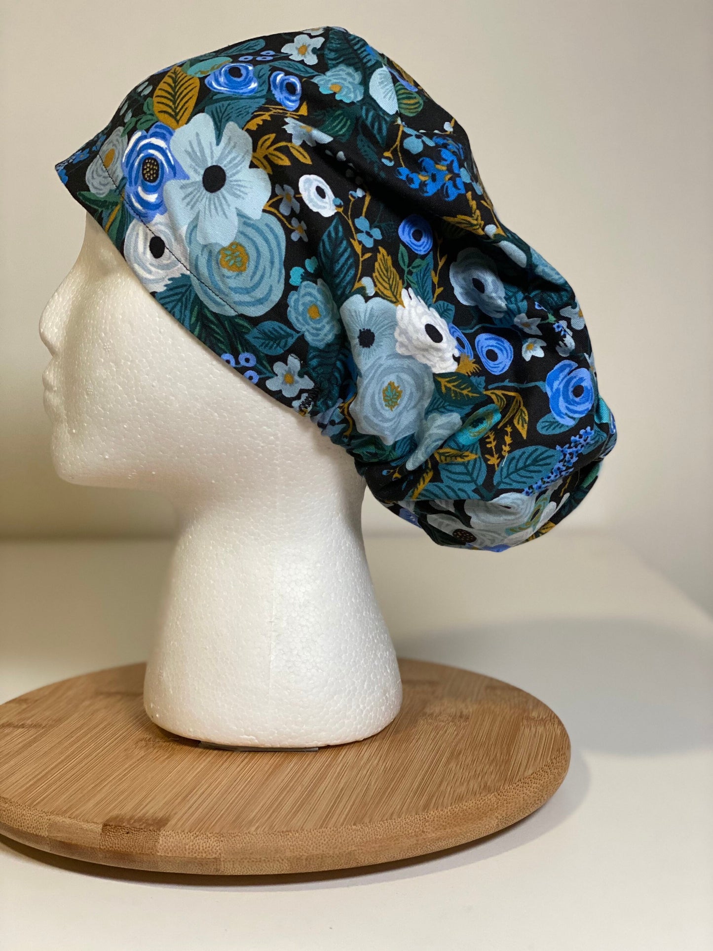 Blue garden party euro style scrub cap, Rifle Paper Co blue floral scrub hat, euro scrub cap floral, Bonnet Head Designs