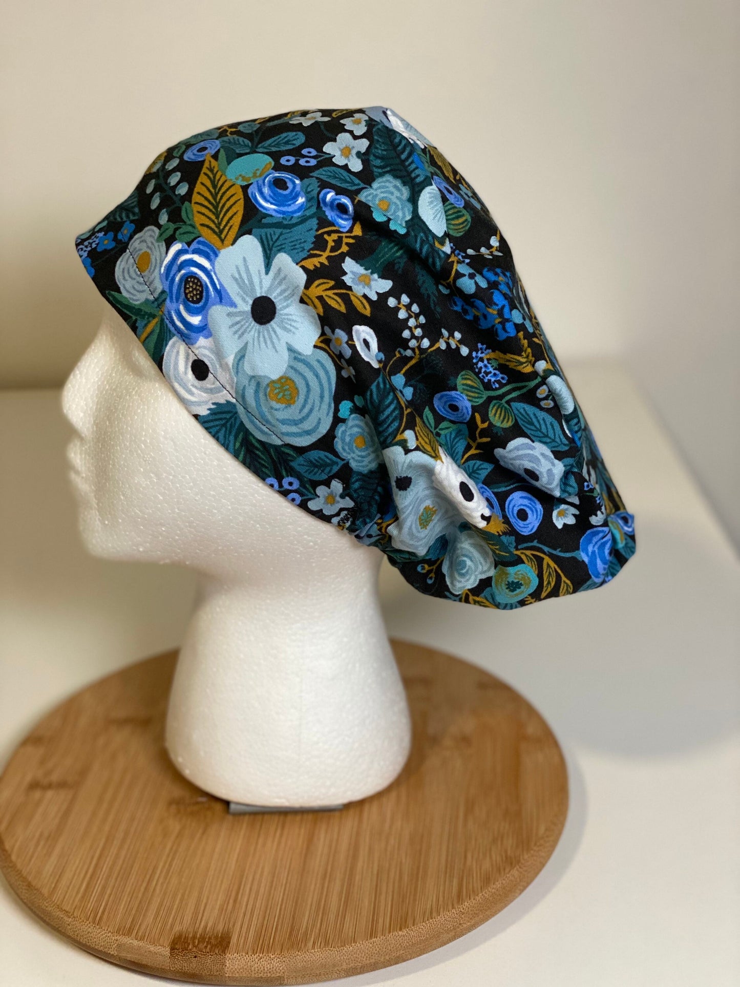 Blue garden party euro style scrub cap, Rifle Paper Co blue floral scrub hat, euro scrub cap floral, Bonnet Head Designs