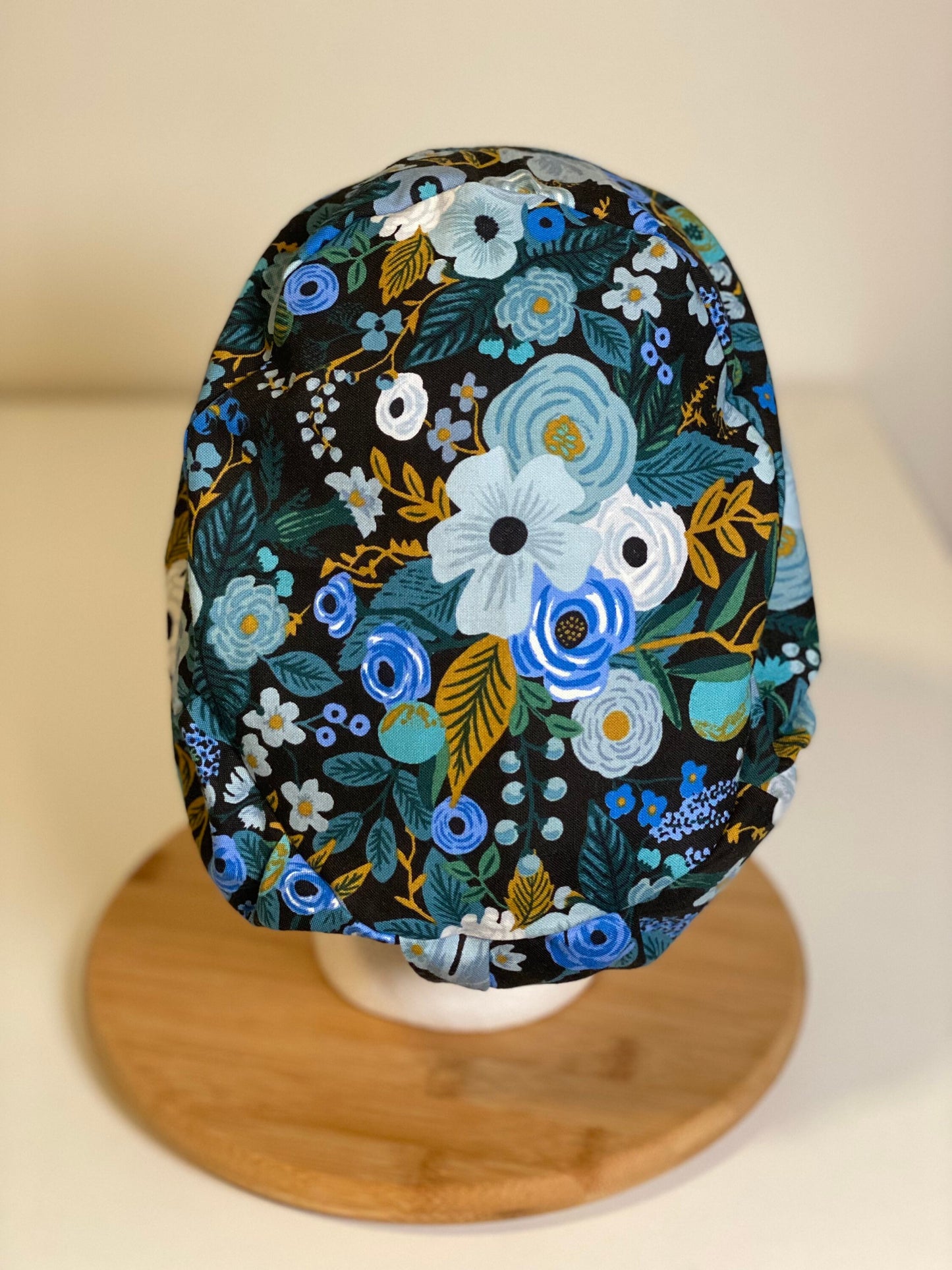 Blue garden party euro style scrub cap, Rifle Paper Co blue floral scrub hat, euro scrub cap floral, Bonnet Head Designs