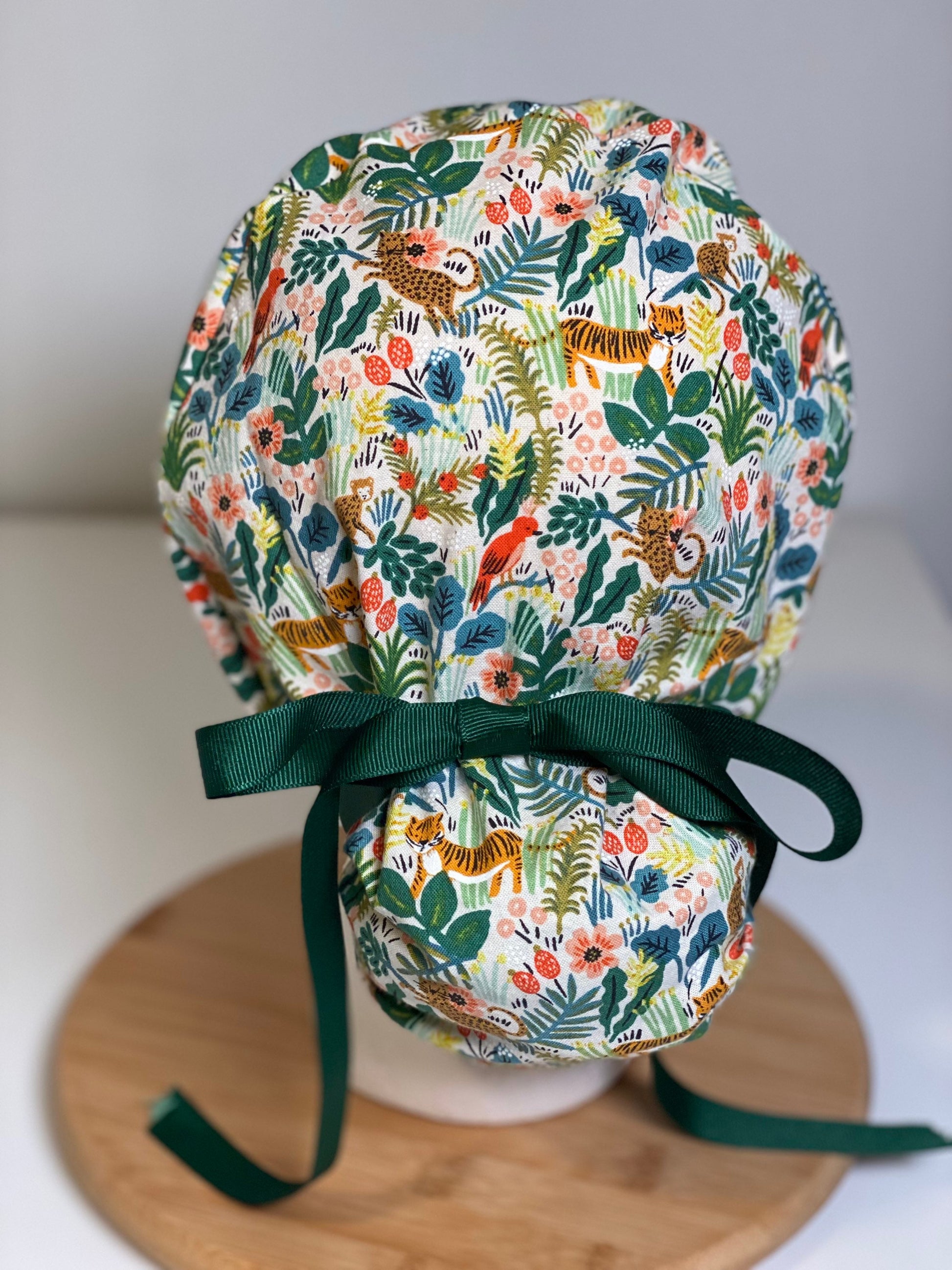 White jungle scrub cap, jungle print scrub cap, tiger print scrub hat, menagerie scrub hat, Bonnet Head Designs
