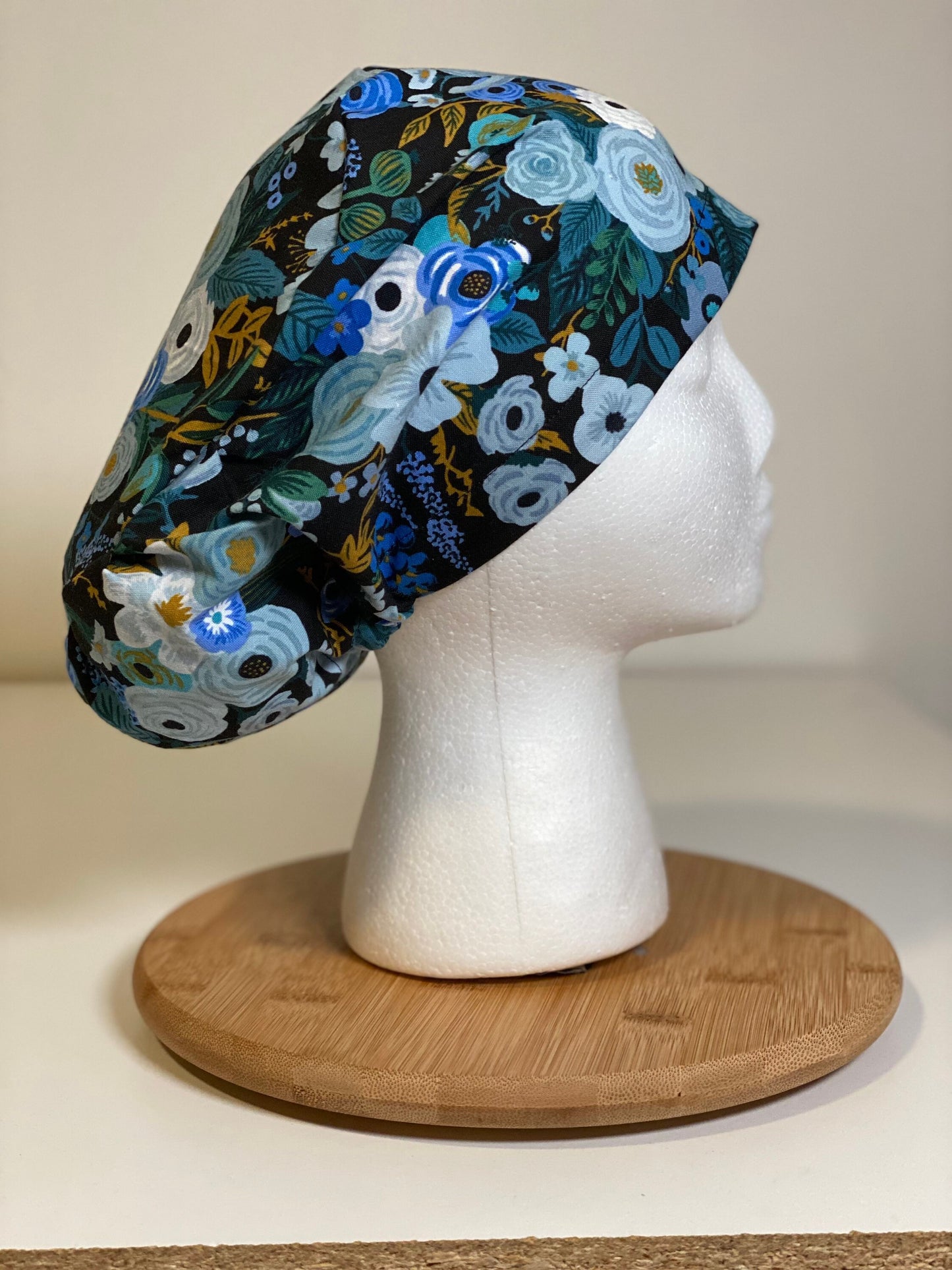 Blue garden party euro style scrub cap, Rifle Paper Co blue floral scrub hat, euro scrub cap floral, Bonnet Head Designs