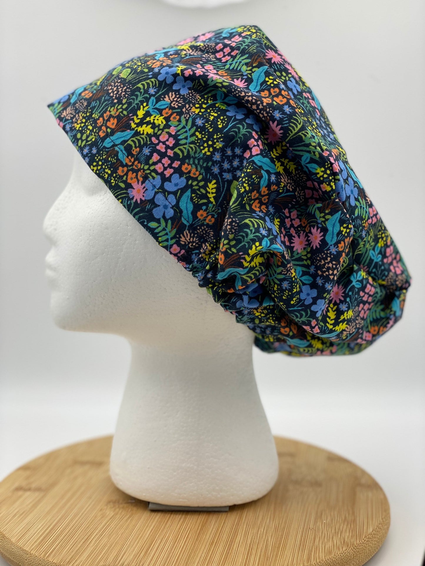 Meadow floral euro scrub cap, Rifle Paper fabric scrub cap, toggle style scrub hat, Bonnet Head Designs