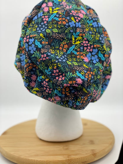 Meadow floral euro scrub cap, Rifle Paper fabric scrub cap, toggle style scrub hat, Bonnet Head Designs