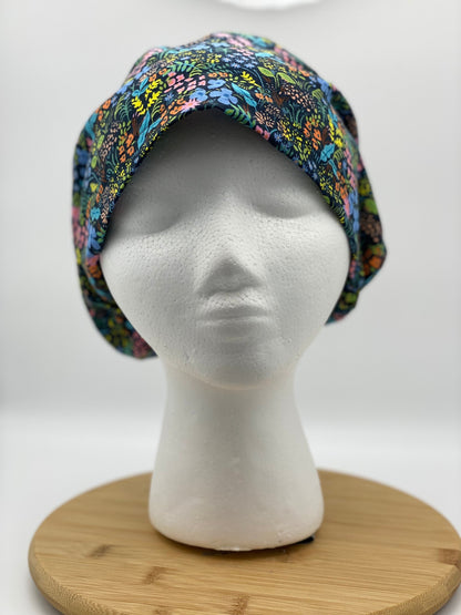 Meadow floral euro scrub cap, Rifle Paper fabric scrub cap, toggle style scrub hat, Bonnet Head Designs