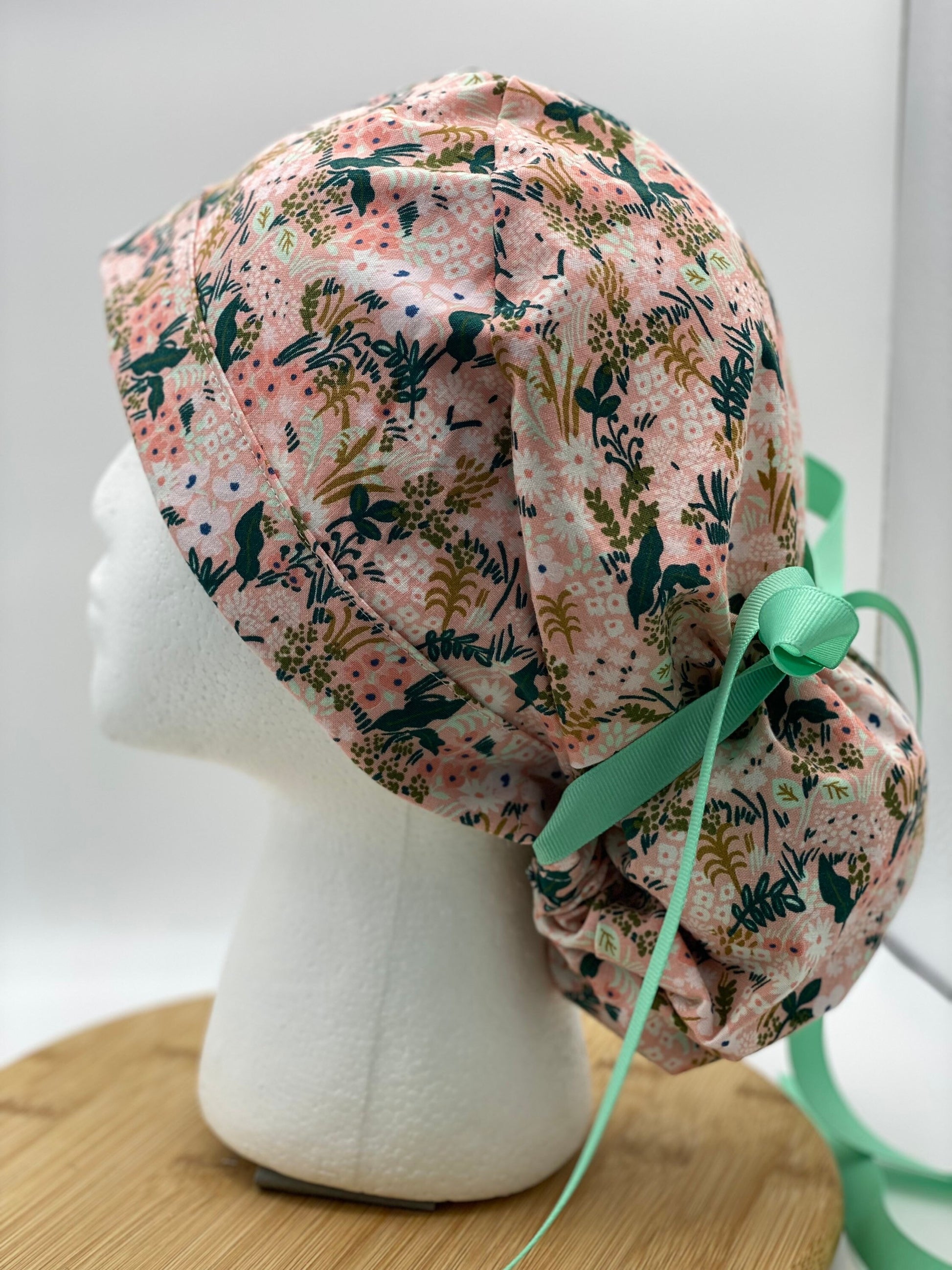 Pink meadow floral scrub cap, Rifle Paper Co fabric scrub hat, pink floral surgical cap, Bonnet Head Designs