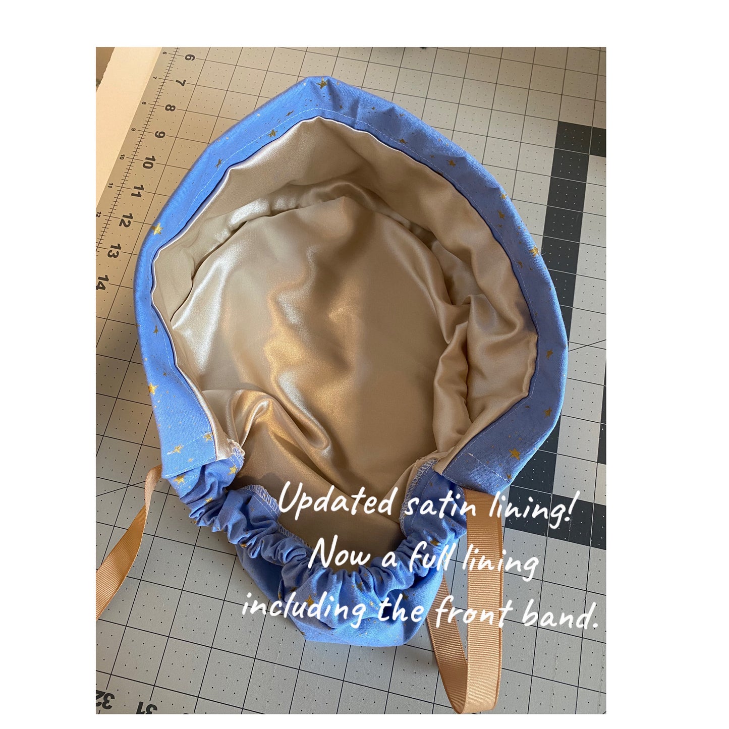 Navy garden party ponytail scrub cap with satin lining option, Bonnet Head Designs