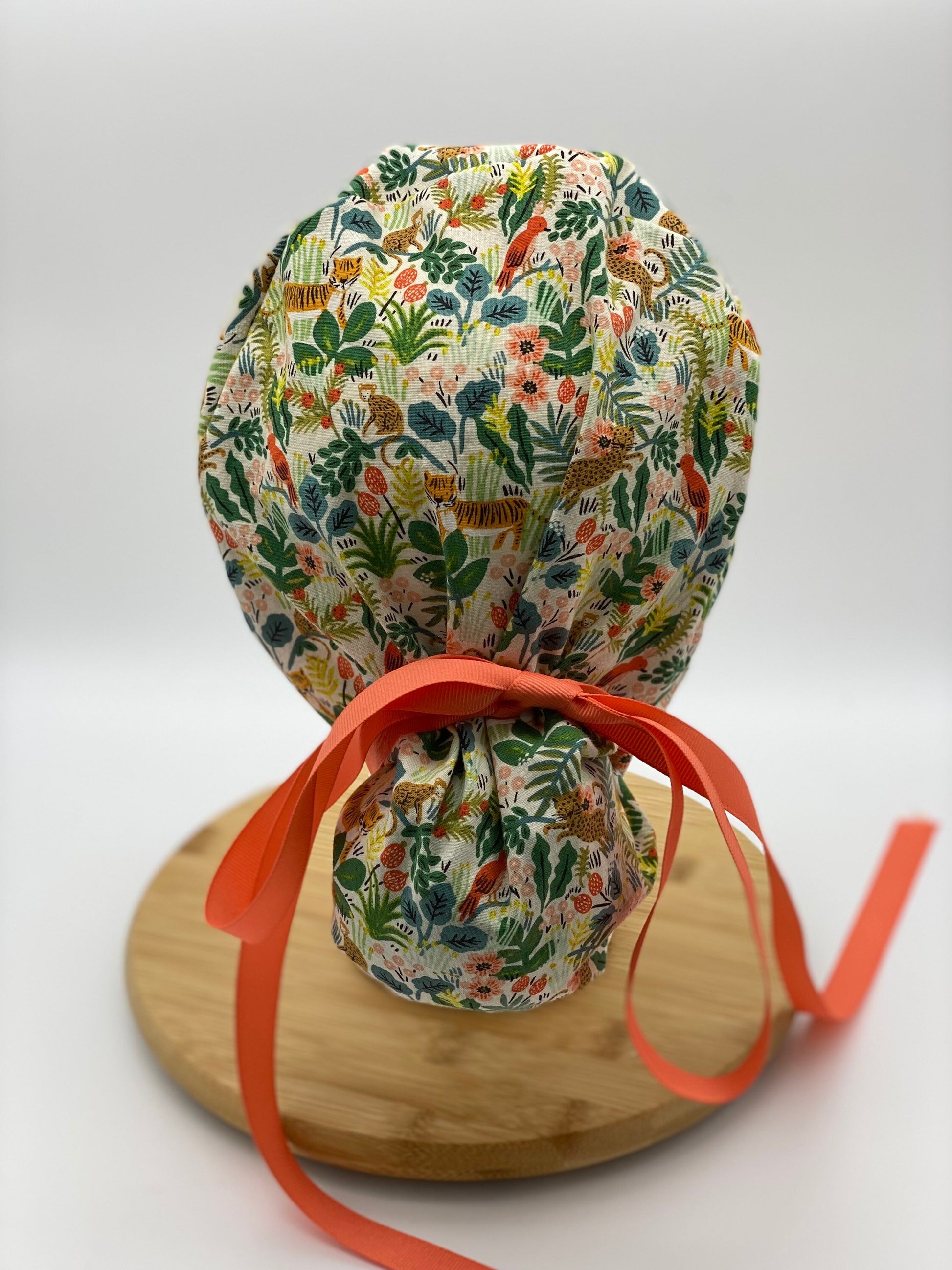 jungle print scrub cap, tiger print scrub hat, menagerie cream scrub hat, Bonnet Head Designs
