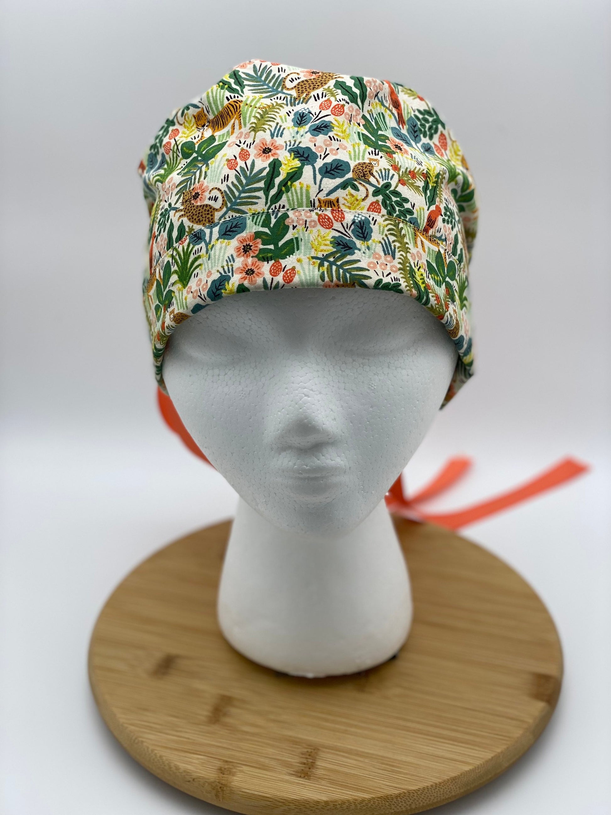 jungle print scrub cap, tiger print scrub hat, menagerie cream scrub hat, Bonnet Head Designs