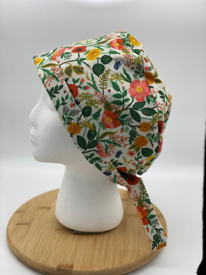 Floral tie back scrub cap, Rifle Paper Co Camont fabric scrub hat, pixie style scrub cap floral, Bonnet Head Designs